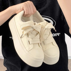 YICKYUE  -  Minimalist Style Canvas Shoes Solid Color Thick Sole Womens Casual Shoes Fashions Low-top Lace Up Shoes for Ladies