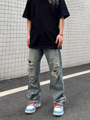 Hearujoy Baggy Ripped Cotton Jeans, Men's Casual Street Style Distressed Denim Pants For Spring Summer K-pop