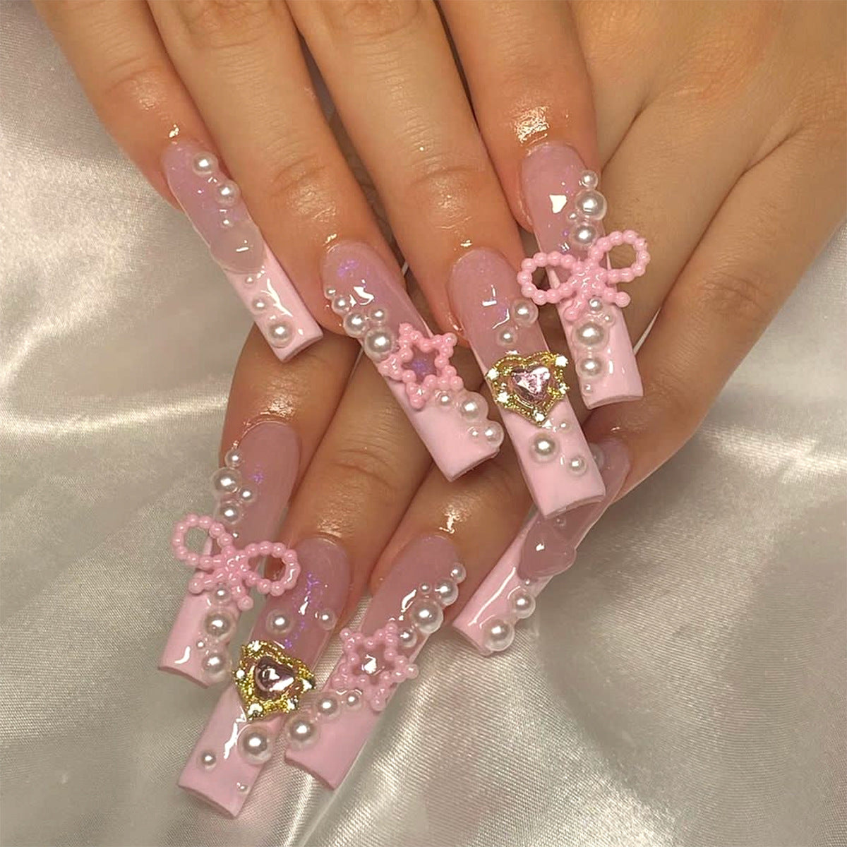 YICKYUE  -  24pcs Pink Bowknot False Nails Retro Pearl Design Artificial Nail Patch for Girl Women Long Coffin European False Nail Patches
