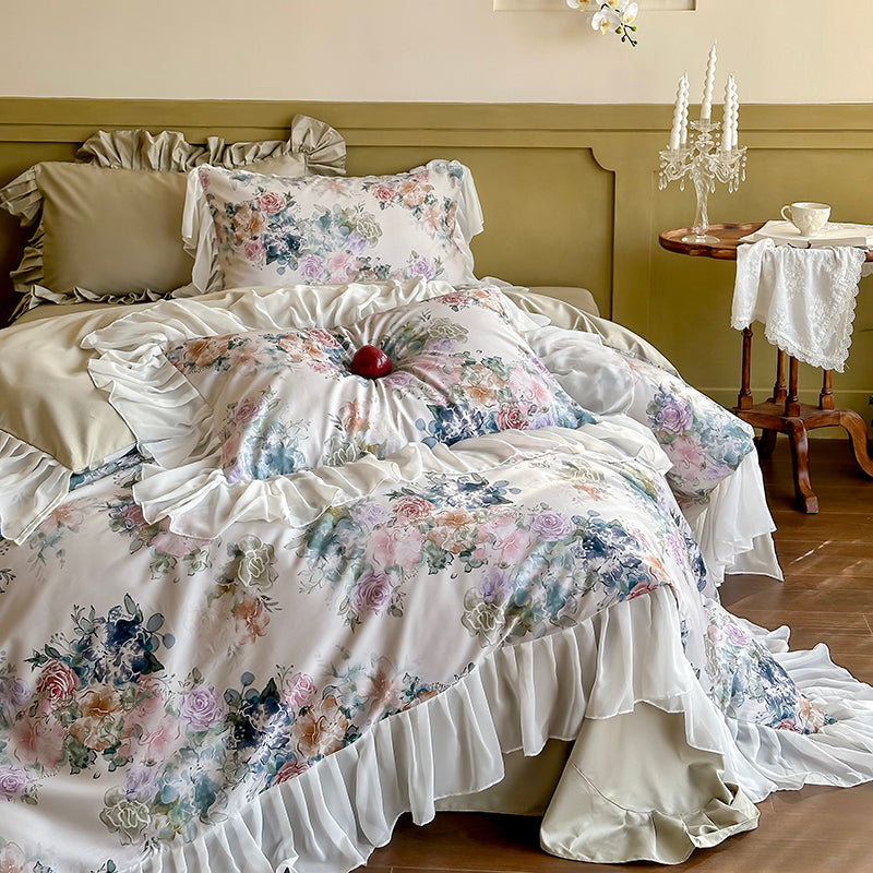 YICKYUE  -  1000TC Egyptian Cotton Vintage French Flowers Lace Ruffles Princess Bedding Duvet Cover Set Fitted Sheet Or Bed Sheet Pillowcase