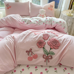YICKYUE  -  Pink Rose Cartoon Bedding Set, Dinosaur, Cat, Bear, Rabbit, Towel Embroidery, Single, Double Duvet Cover, Bed Sheet, Pillowcase