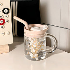 YICKYUE  -  Cute 550ml Glass Bottle Aesthetic Large Glass Cup With Lid And Straw Handle Infuser For Water Tea Juice Drinking Bottle Gift