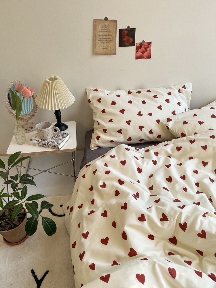 2022NEW Red Love Patter  100% Cotton Girl's HomeTextile Duvet Cover and Bedsheet Quilt Cover Soft Luxury Bedding Set Ins Fashion