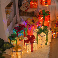 YICKYUE  -  3pcs Christmas Glowing Gifts Box LED Light Up Present Boxes Case Ornaments Under Xmas Tree Decor Home Theme Party Supplies