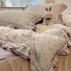 Yickyue 100%Cotton Purple Floral Bedding set 150X200cm/180X200cm Bedskirt Pillowcases Exquisite Ruffle Duvet cover 4Pcs set