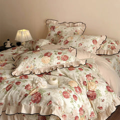 YICKYUE  -  4Pcs Vintage French Floral Ruffles Bedding Set, 100% Cotton, Princess Duvet Cover Set, Quilted Bedspread, Bed Sheet, Pillowcases