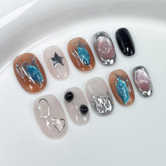 YICKYUE  -  10Pcs Cute Short Press On Nails INS Colorful Dot Cat Eye False Nails 3D Charm Silvery Fake Nails Full Cover Fake Nail Tips Art