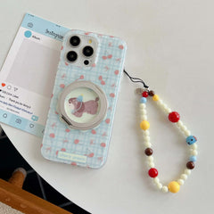 YICKYUE  -  Ins Blue Check Bowknot Cherry Fundas For Iphone 15Pro 14 15 14Pro 13 12 Pro Max Magnetic Stand Holder Cute Pupppy Phone Case