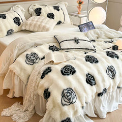 Yickyue French Luxury Faux Fur Warm Bedding Set Princess Style Coral Soft 4 Pieces Bed Sheet Double sided Plush Quilt Cover Fast Ship
