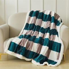 YICKYUE  -  Thickened Double-Layer Plaid Striped Flannel Blanket, European and American Style, Coral Fleece, Simple Nap Blanket