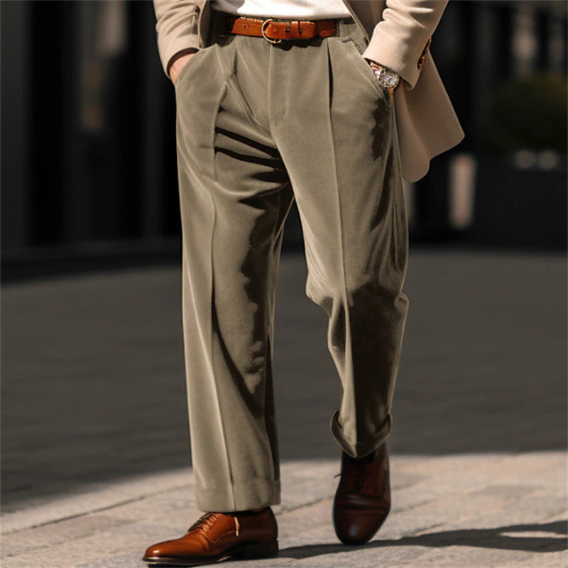 Hearujoy Autumn Winter Men Velvet Suit Pants Leisure Oblique Insertion Pocket Straight Trousers Comfortable Business Vacation Casual Pant