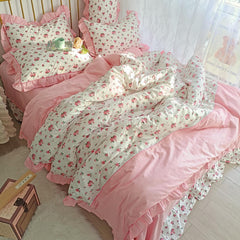 4/6Pcs100%Cotton Bedding Set Vintage Elegant Flowers Duvet cover  with Ruffle soft comfy bed sheet pillowcases Double Queen King