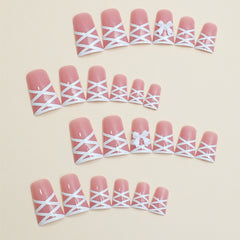 YICKYUE  -  3D White Bow Fake Nails White Ribbon Design False Nails Duckbill shaped Press on Nail tips Korean Sweet Artificial Nail patches