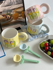 YICKYUE  -  Korean Style Fresh Ins Tulip Flower Ceramic Cup Underglaze Color Craft Coffee Mug with Spoon Milk Cup Simple Hand Gift Cup
