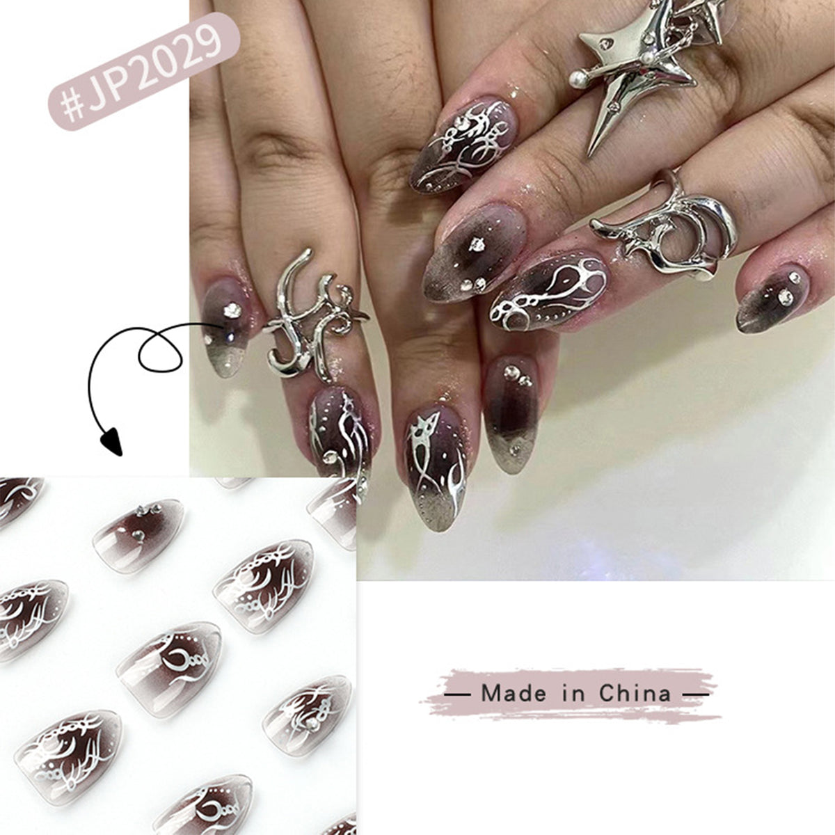 YICKYUE  -  24pcs Cool y2k Style False Nails Fashion Sliver Flame Pattern Press on Nail Patch Full Finished Wearable Artificial Nail Tips