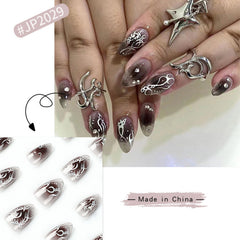 YICKYUE  -  24pcs Cool y2k Style False Nails Fashion Sliver Flame Pattern Press on Nail Patch Full Finished Wearable Artificial Nail Tips
