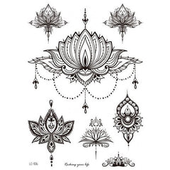 Yickyue Mandala Flower Temporary Tattoo Sticker Arm Chest Leg Water Transfer Tattoos Lion Feather Waterproof Black Body Art Fake Tatoo