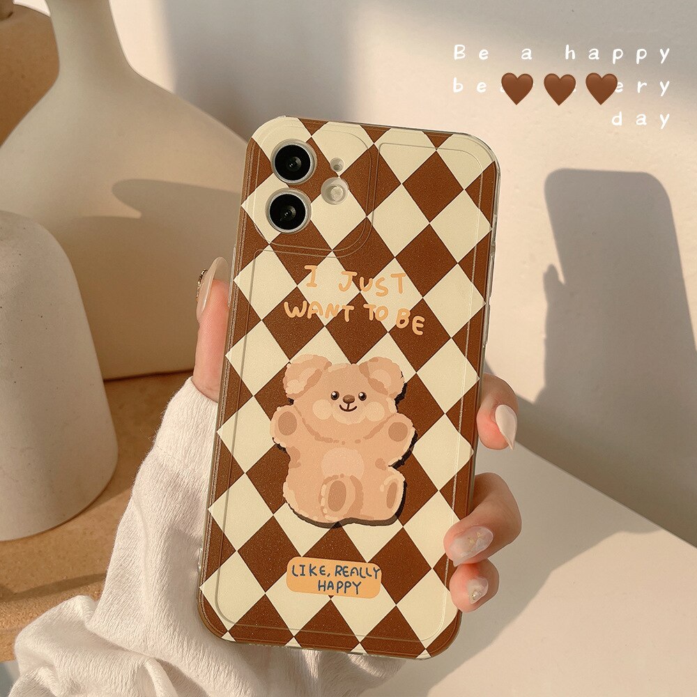 Retro Plaid Bear cute cartoon silicone phone case for iphone 7 8 plus se  xsmax x xr 12 11 pro max mini cover capa