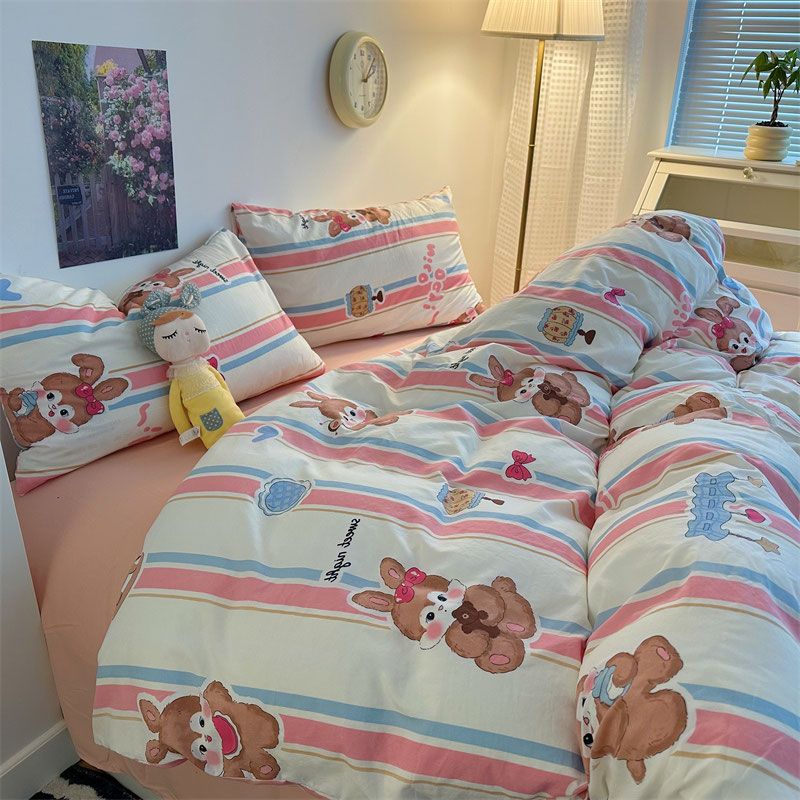 YICKYUE  -  Wrinkled Yarn Washed Cotton Pastoral Style Bed Four-piece Set Double Cartoon Style Bed Quilt Cover Bedding Set Three-piece