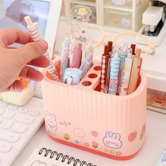 Kawaii Large Capacity Pen Holder With Sticker Plastic Creative Cute Desk Organizer For Pens Makeup Brush Home Office Storage Box