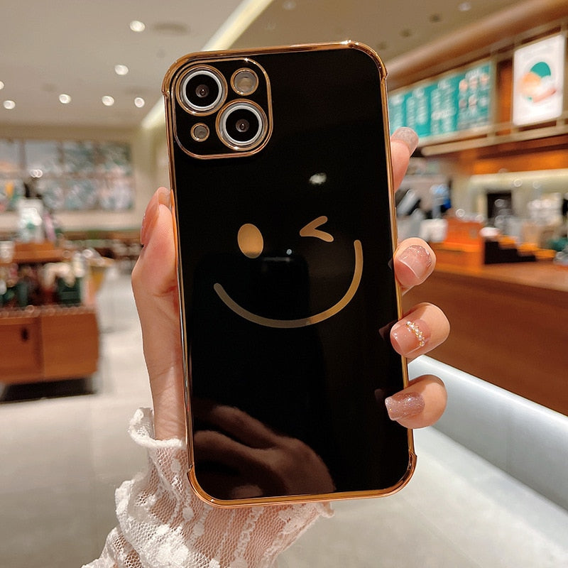 Luxury Plating Smiley Airbag Bumper Case For iPhone 11 12 13 Pro Max Mini XR X XS 7 8 Plus SE 2 Silicone Shockproof Soft Cover