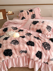 Yickyue French Luxury Faux Fur Warm Bedding Set Princess Style Coral Soft 4 Pieces Bed Sheet Double sided Plush Quilt Cover Fast Ship