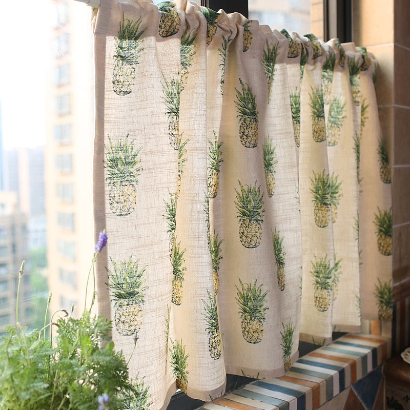 Yaapeet Short Curtain For Kitchen Door Half Cortinas Mediterranean American Style Fresh Pineapple Print Cotton Slub Rideau Deco