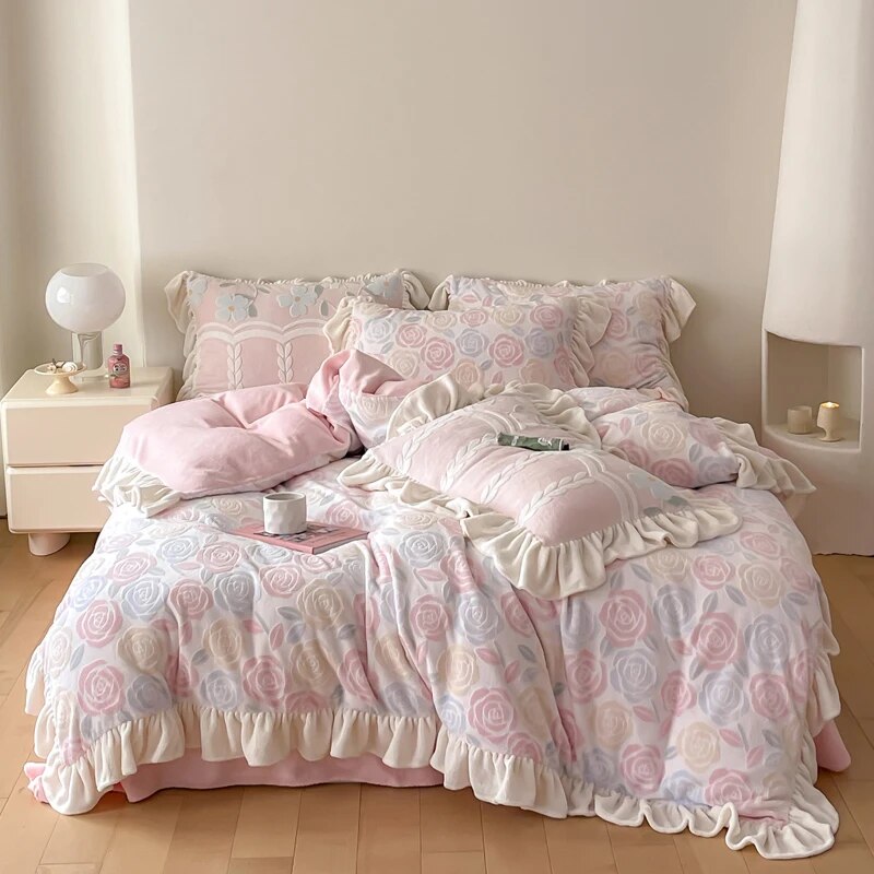 Yickyue New Winter Rose Velvet Bedding Set Romantic Lace Ruffles Comforter Sets Fluffy Milk Velvet Duvet Cover Set Eldense Bed Sheet