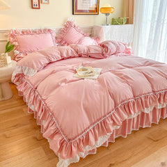 Yickyue Egyptina Cotton Bedding Set Luxury Pink Lace Ruffle Duvet Cover Bedspread Bed Skirt Pillowcases Korean Princess Home Textile