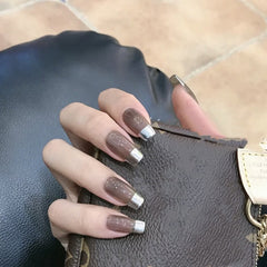 24Pcs Fake Nails Black Deer Marble Pattern Artificial False Nail Tips Solid Color Wave Point Short Faux Ongle Free Glue Sticker