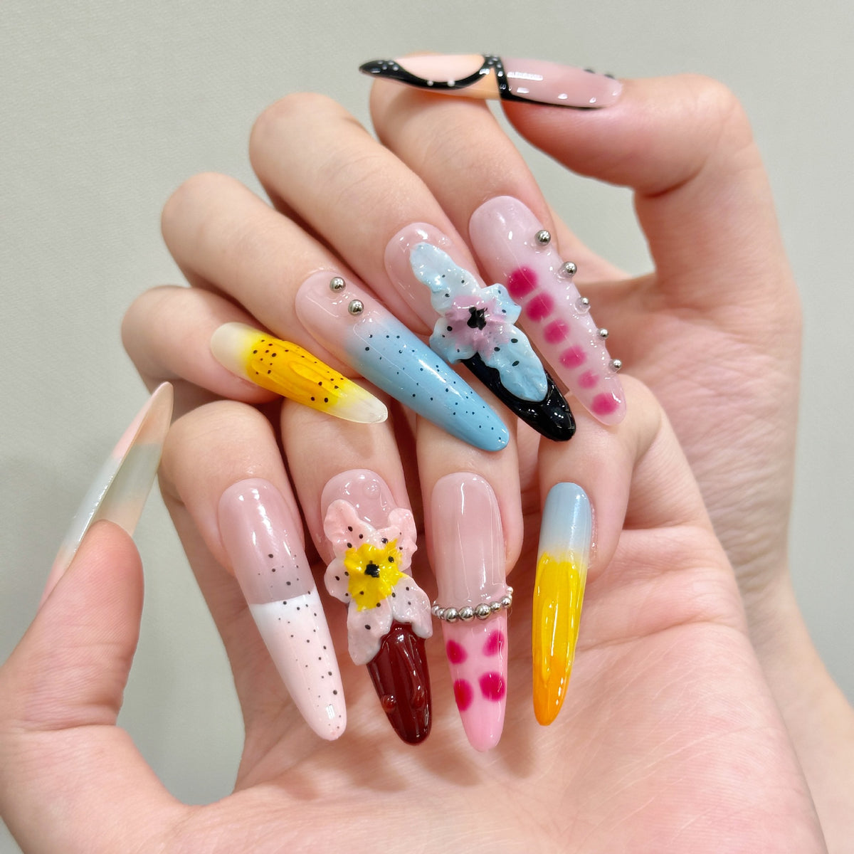 YICKYUE  -  10pcs Handmade Press on Nails INS 3d Carved Flowers False Nails Wearable Detachable Full Cover Leopard Print False Nail Tips