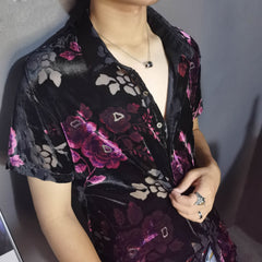 YICKYUE  -  Fashion Transparent Floral Shirt Masculine Velvet Slim-fit Shirt Mens Short-sleeved Clothing See-through Nightclub Purple Shirt