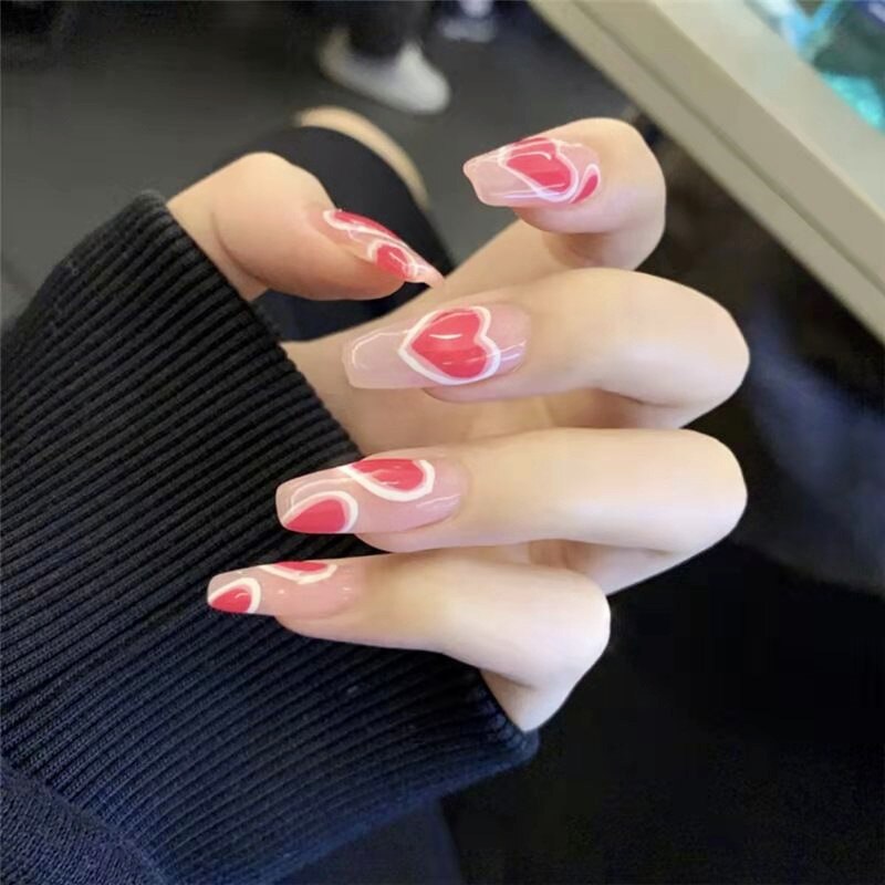 24pcs Grape Gradient Long Coffin Ballet False Nails White Jelly Gem Small Crystal French Full Cover Press on Fake Nail Art
