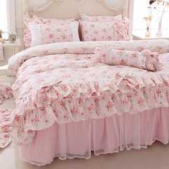 100% Cotton Floral Printed Princess Bedding Set Twin King Queen Size Pink Girls Lace Ruffle Duvet Cover Bedspread Bed Skirt Set