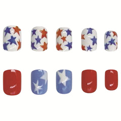 YICKYUE  -  24pcs Short Fake Nail with Blue Red Colpr Five-pointed Star False Nails Summer Full Cover Wearable Press on Nails for Girls