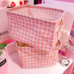 W&G Korean Girl's Heart Lovely Pink Lattice Storage Basket Cosmetic Storage Basket Desktop Folding Storage Sundries Sorting Box