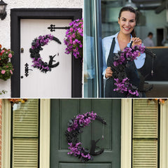 YICKYUE  -  Bent Moon Cat Wreath Door Hanging Creative Halloween Simulation Plant Vine Circle Home Atmosphere Decoration Wall Hanging