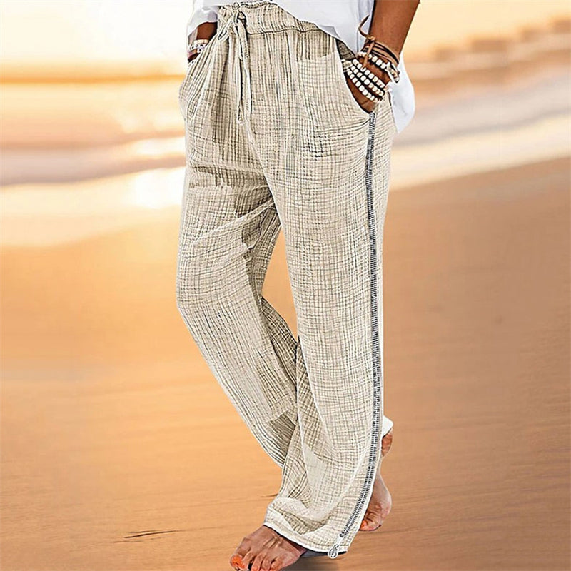 Hearujoy Vintage Men Pleated Cotton Linen Casual Pants Drawstring Side Zip Elastic Waist Comfort Breathable Beach Trousers Straight Pants
