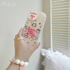 Yickyue Cute Mirror Lens Stand Bracket Phone Case For iPhone 13 12 11 Pro Max XS Max XR X Cartoon Clear Cover Hand Chain Strap Fundas