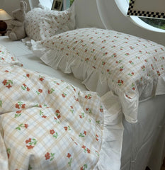 YICKYUE  -  Sweet cute flower plaid bedding set single double girl,twin full queen king cotton home textile bed sheet pillowcase quilt cover