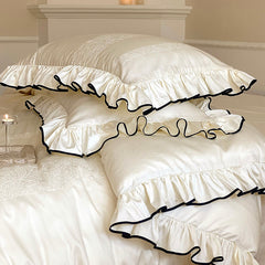 Yickyue Luxury 1000TC Egyptian Cotton French Princess Wedding Bedding Set Ruffles Black Edge Jacquard Duvet Cover Bed Sheet Pillowcases