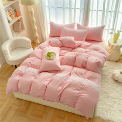 Yickyue  Solid Color Class A Wash Cotton Bedding Set Duvet Cover with Bed Sheet Queen King Size Quilt Cover Soft Comforter Four Piece Set
