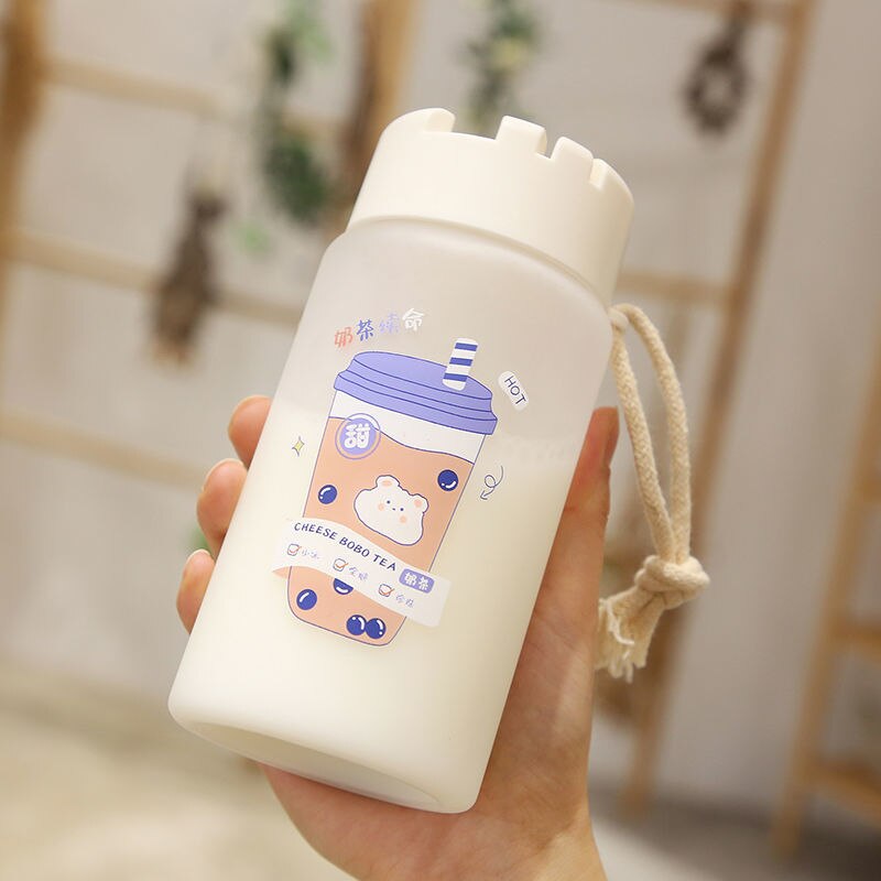 400ml Cute Boba Tea Bear Water Bottle With 3D Sticker Transparent Plastic BPA Free Frosted Travel Drink Cup With Portable Rope
