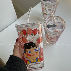 Korean Ins Style Straw Cup Large Capacity Simple Letter Glass Cup Coffee Breakfast Water Cup With Cover Straw Cute