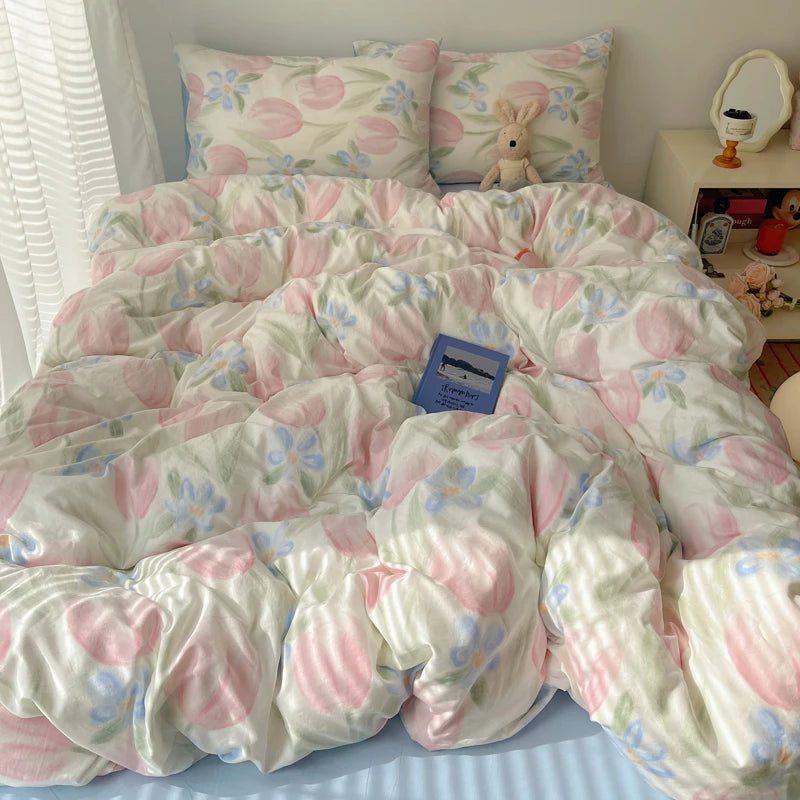 YICKYUE  -  Korean Style Cute Bedding Set For Girls Bed Linen New Skin Friendly Fresh Flora Printed Washed Cotton Duvet Cover Set