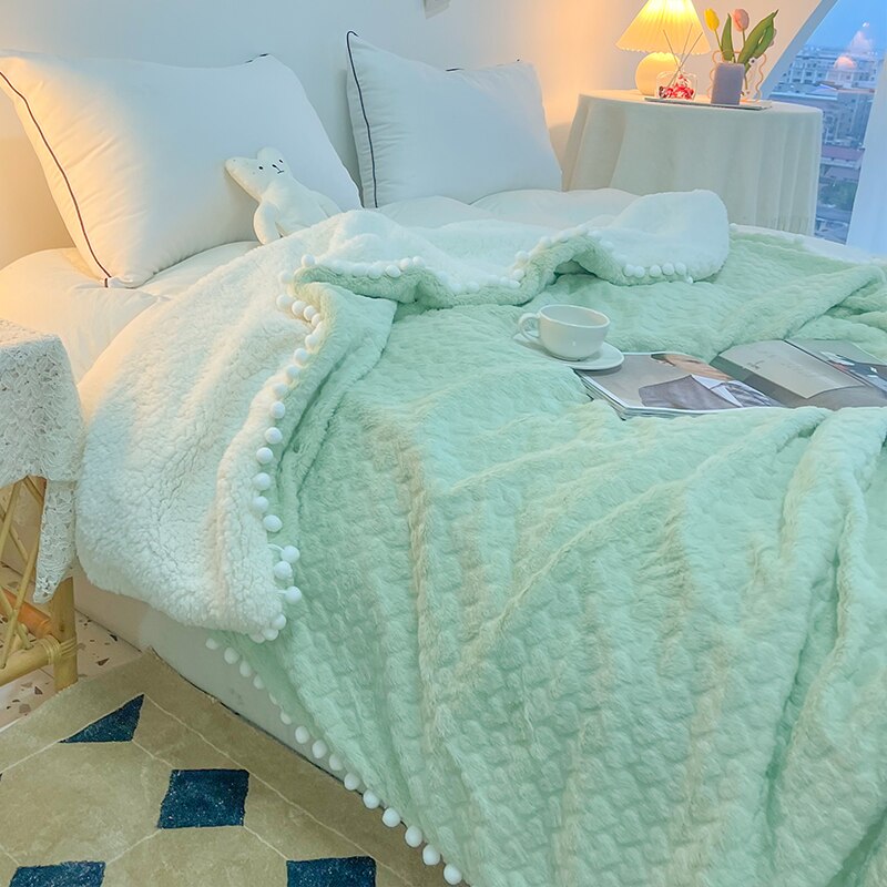 Yickyue Pom Pom Throw Blanket Knit Fleece Flannel Velvet Tassels Fringe Decorative Twin Warm Soft Cozy Knitted for Couch Sofa Bed TJ6991