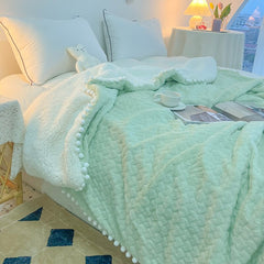 Yickyue Pom Pom Throw Blanket Knit Fleece Flannel Velvet Tassels Fringe Decorative Twin Warm Soft Cozy Knitted for Couch Sofa Bed TJ6991