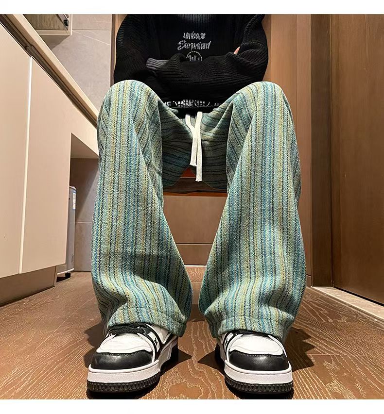Hearujoy American Vintage Maillard Striped Casual Pants For Men Loose Straight Leg Wide Leg Trousers Autumn Winter Thick Woolen Pants