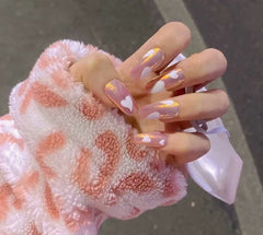 Aurora Powder Long Ballet Fake Nail Art With Glue Love Pink Detachable Girl Acrylic Full Cover Press On False Nail Tips