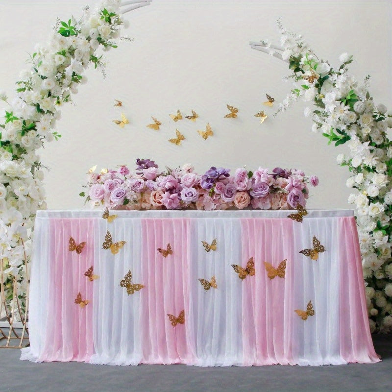 YICKYUE  Albassa Table Skirts for Rectangle or Round Tables Pink Tulle TableCloth with 3D Butterfly for Princess Shower Birthday Party Decorations 9ft*H 30inPink